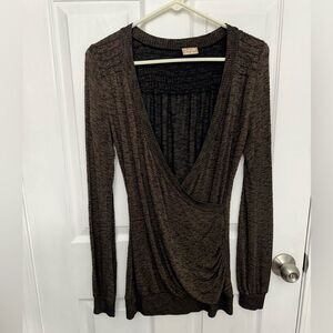 Buckle Daytrip Wrap V-neck Long Sleeve Top Brown Shimmer Black Long Length Large